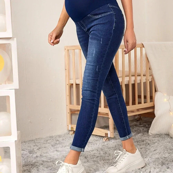 Dark Wash Women's Maternity High Waist Ripped Skinny Jeans - Picture 3 of 6
